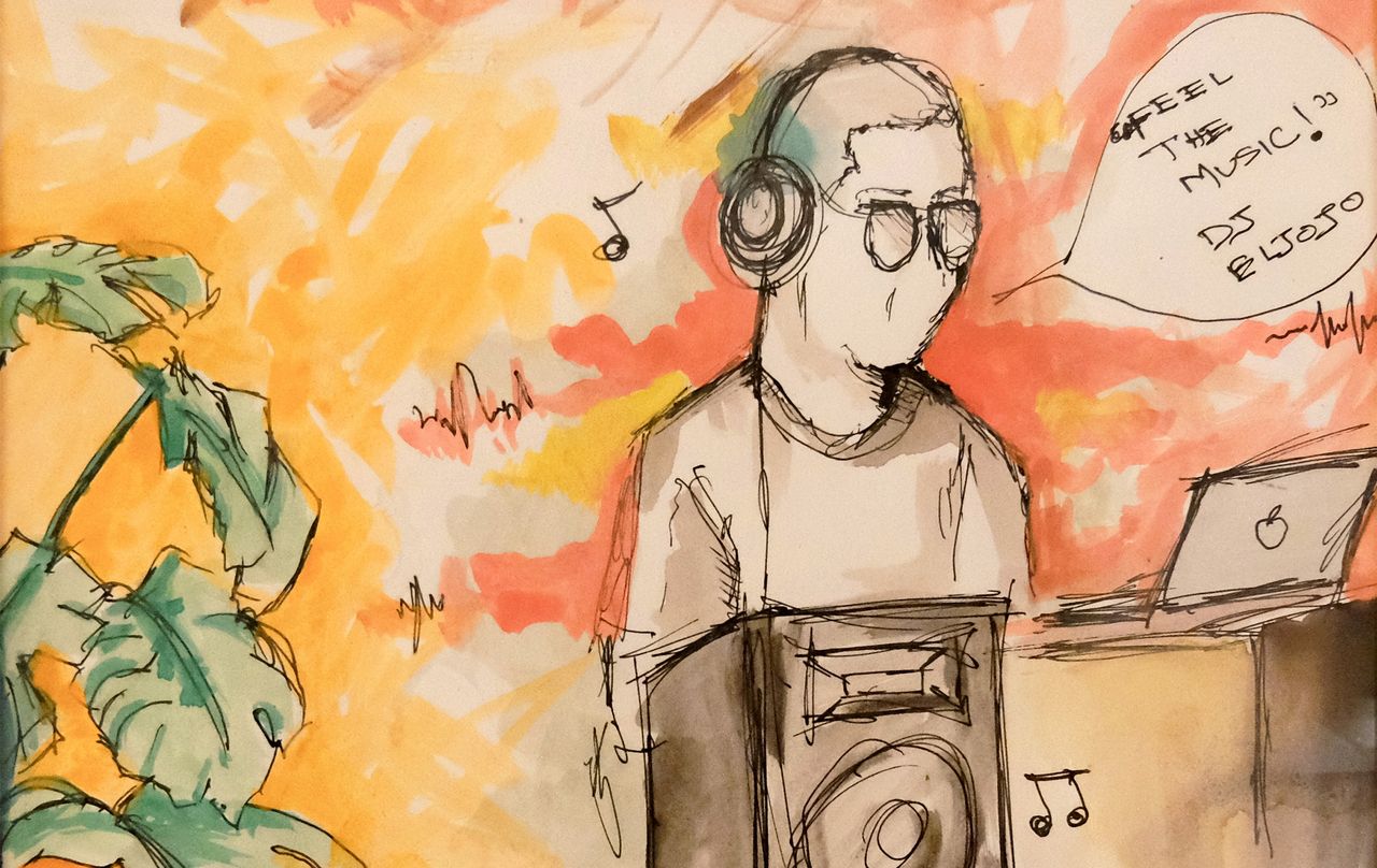 Me DJing at Art Night, by Riyaz and Anyu