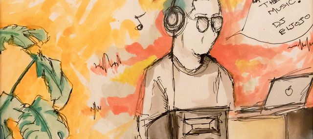 Me DJing at Art Night, by Riyaz and Anyu